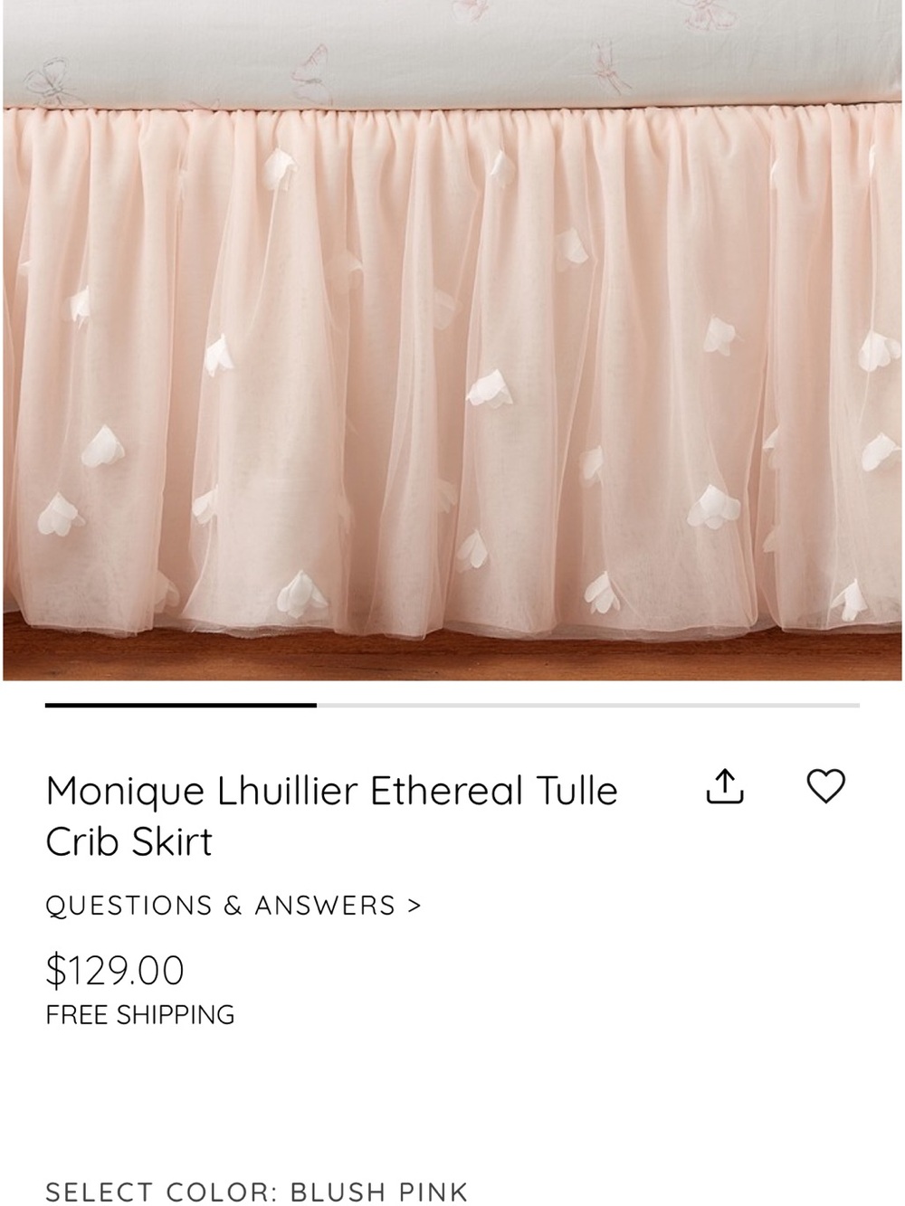 Pottery Barn Monique Lhuillier Blush Pink Heart Appliqué Tulle Crib Skirt